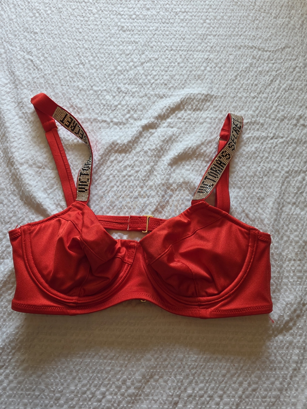 Red Satin Underwire Bra with Embellished Shine Straps S